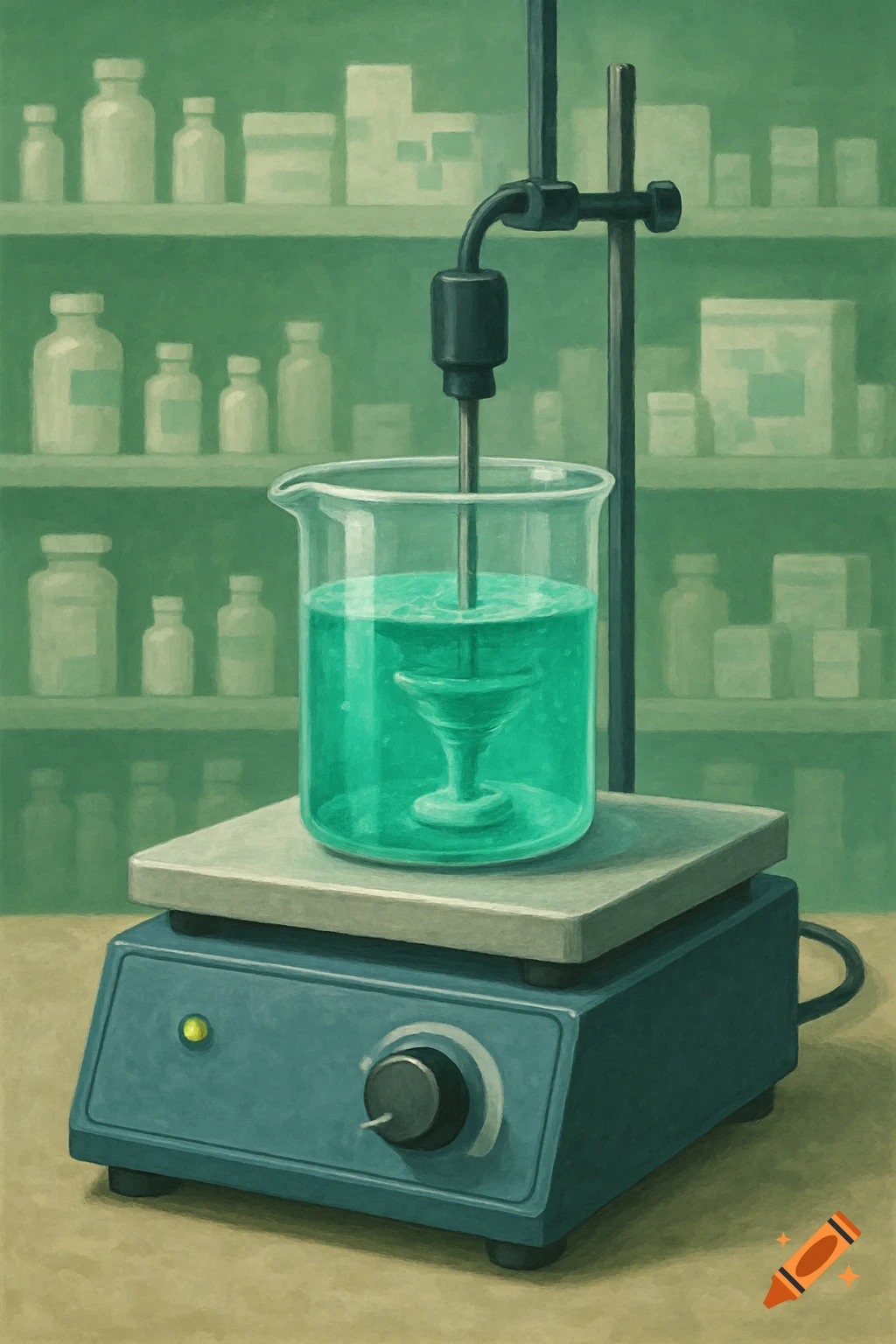 A beaker with green liquid is on a magnetic stirrer in a lab with blurred bottles on shelves.