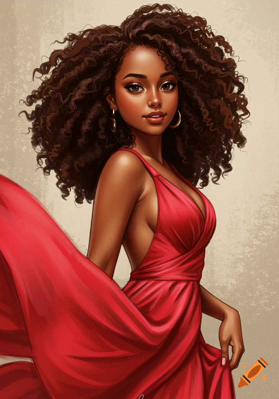 A woman with curly hair wears a flowing red dress.
