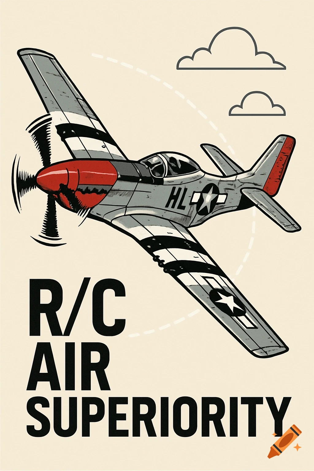 Vector illustration of a stylized P-51 Mustang airplane with 'R/C AIR SUPERIORITY' text.