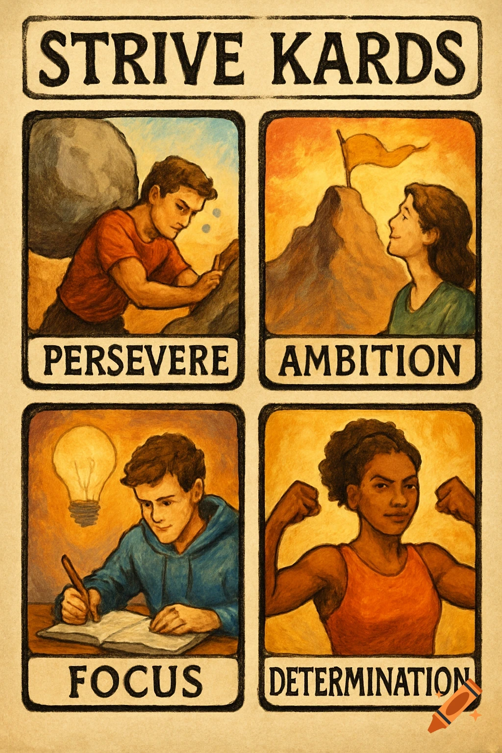 A motivational poster titled 'Strive Kards' featuring panels that illustrate themes of perseverance, ambition, focus, and determination.
