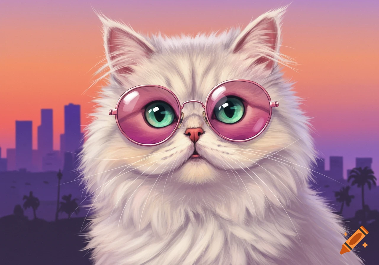 A white cat wearing pink sunglasses in front of a city skyline at sunset.