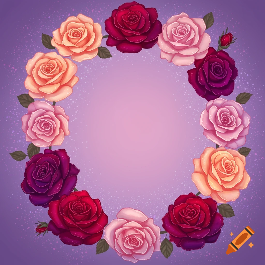 A circular frame of red, pink, and orange roses on a purple background with sparkles.