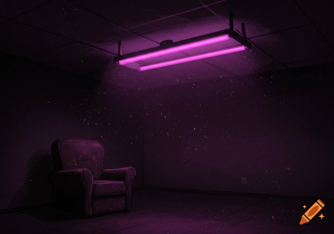 A dark room with a purple-pink fluorescent light over a chair.