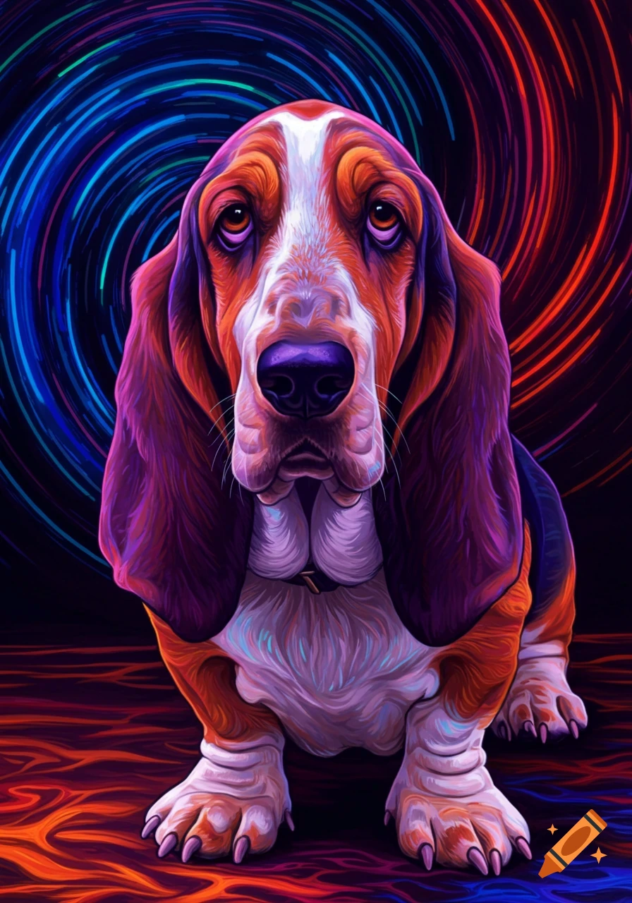 Psychedelic black light illustration of a basset hound dog
