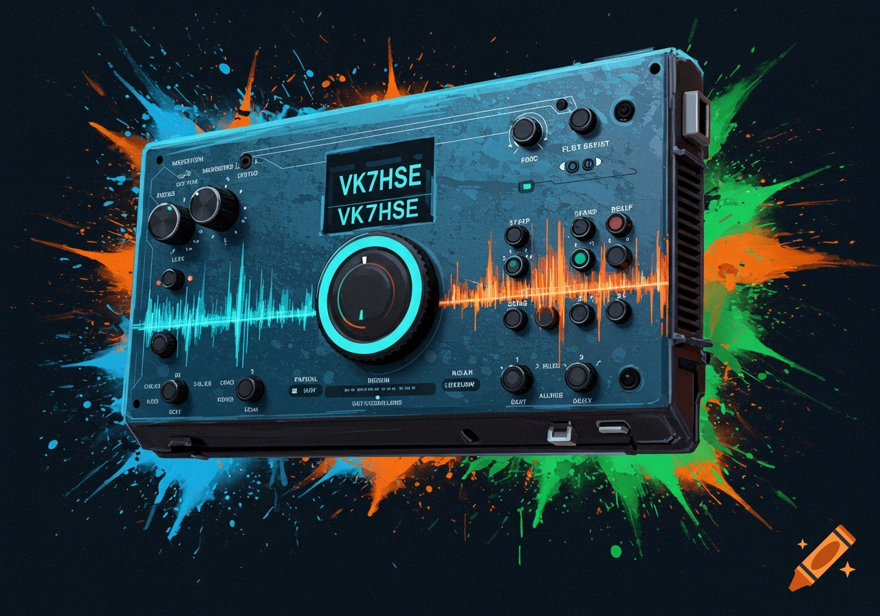A blue electronic device with knobs, screen displaying VK7HSE, and colorful paint splatters on a dark background.