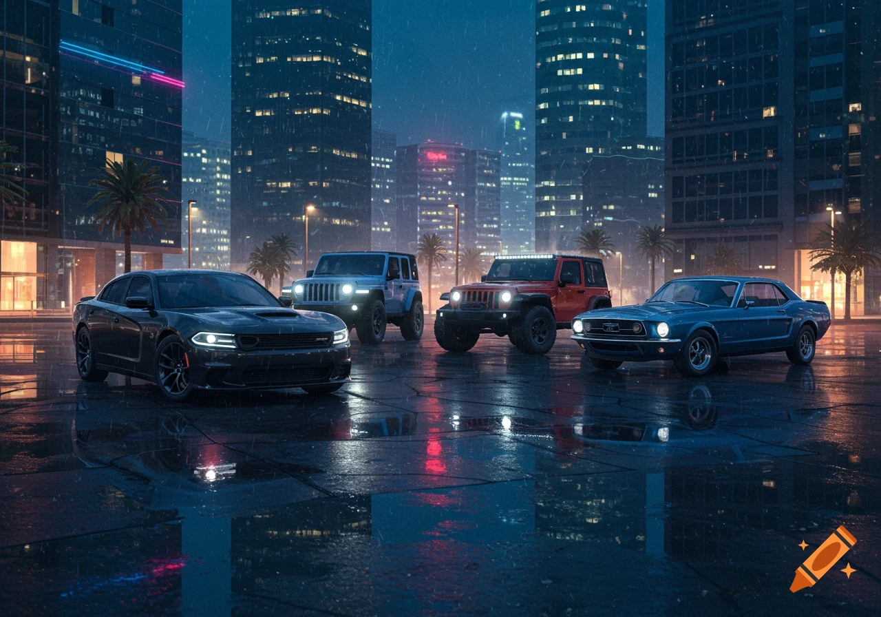 Several cars parked in a wet city plaza at night during rain.