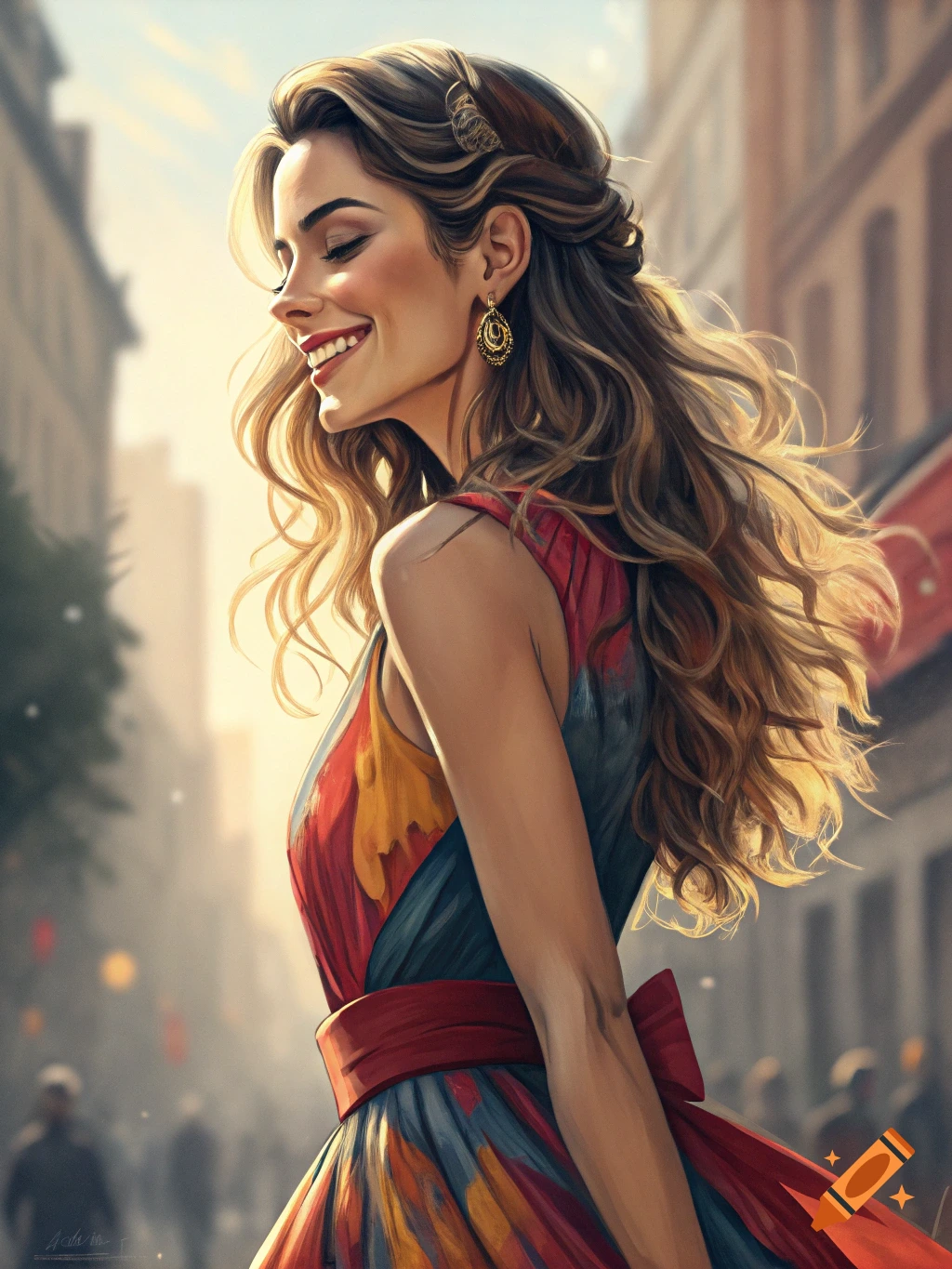 Woman in colorful dress smiles on sunny city street