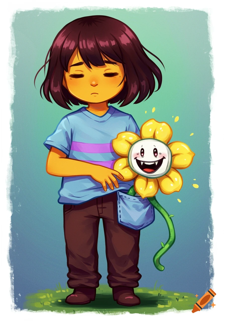 Digital illustration of Undertale's Frisk with Flowey the flower peeking from their pocket.