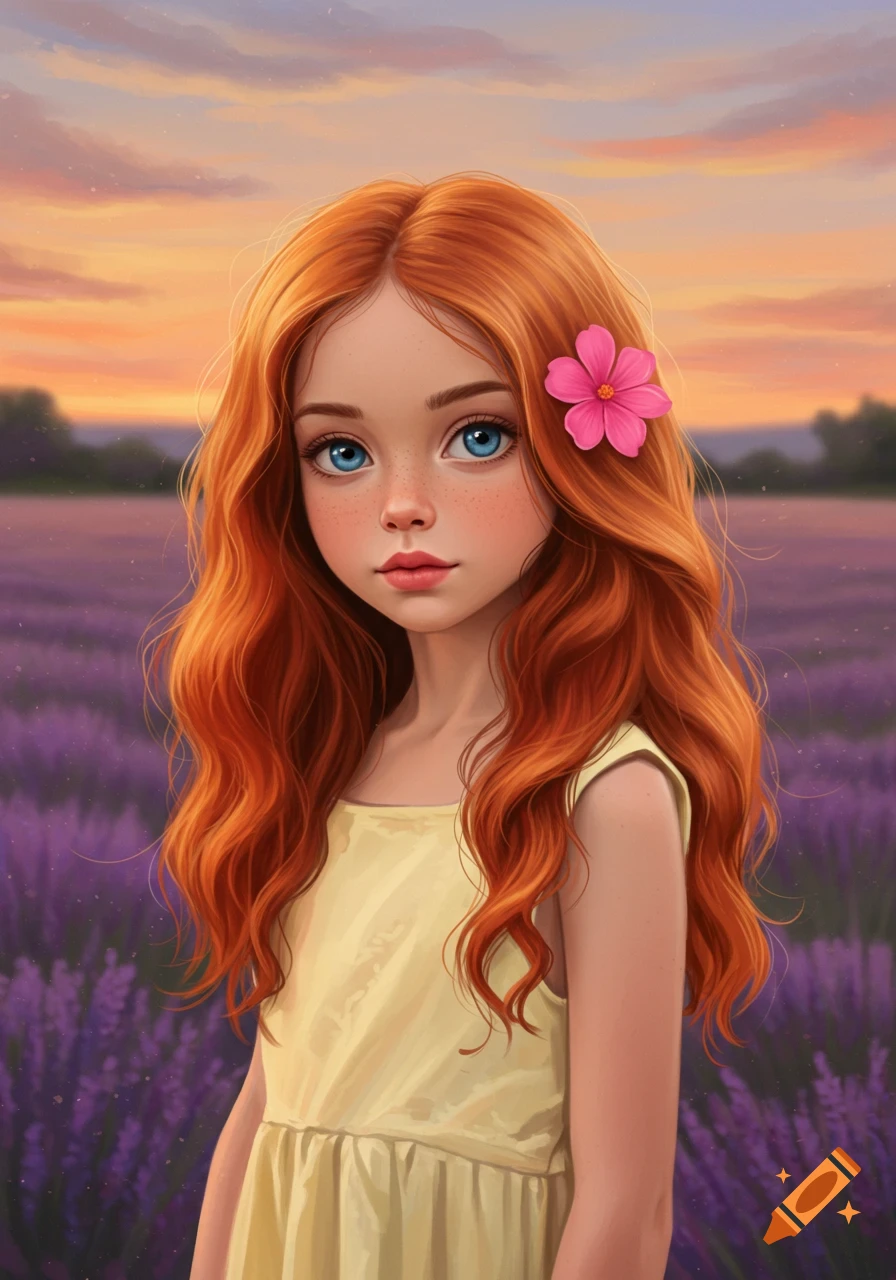 A girl with red hair and blue eyes standing in a lavender field at sunset.