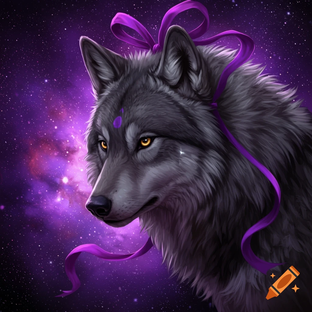 A wolf portrait with a purple ribbon on its head and a purple galaxy background