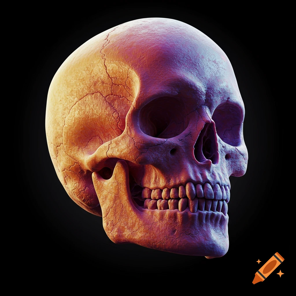Digital rendering of a skull lit with orange and purple light.
