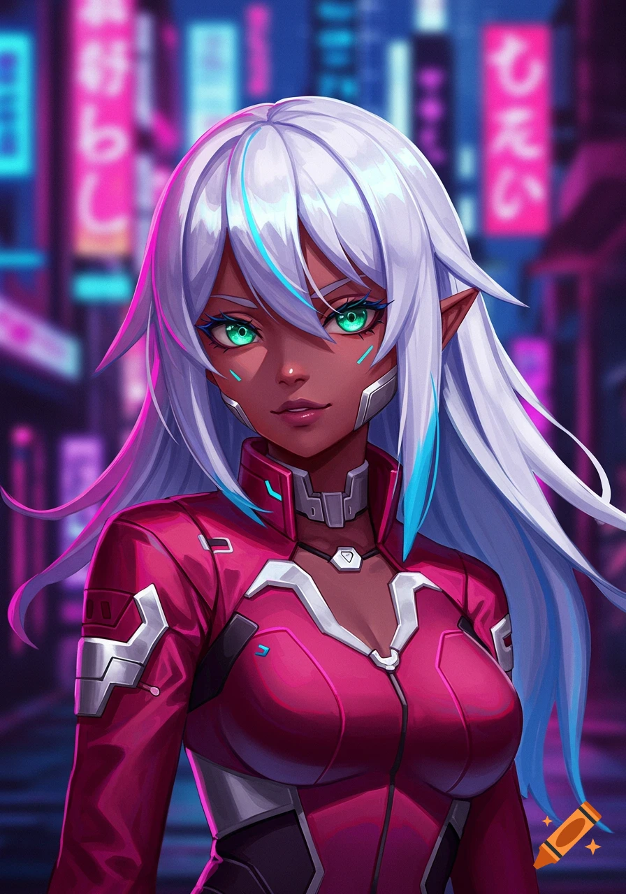 Anime portrait of a futuristic girl with white hair and green eyes in a cyberpunk city.
