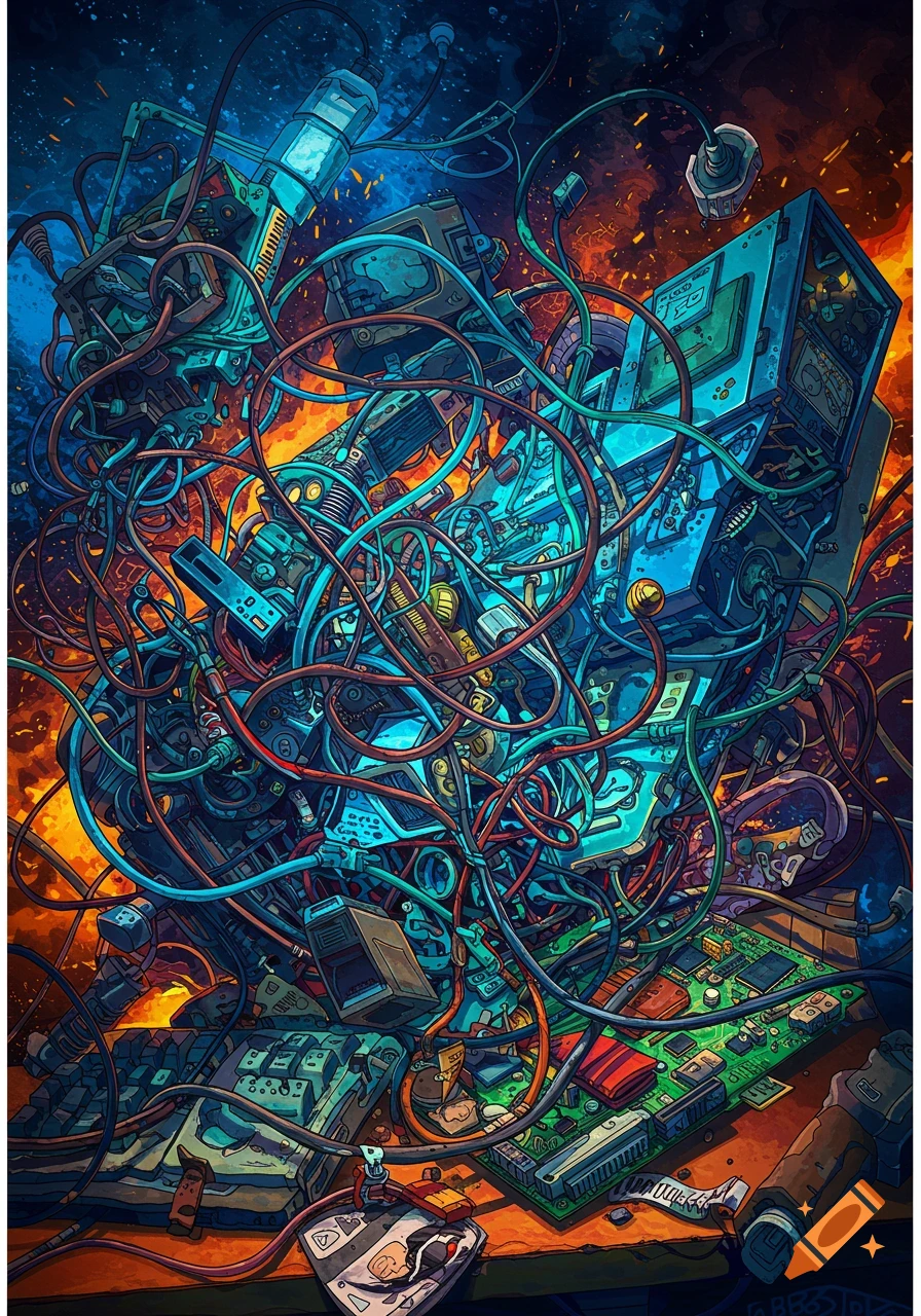 Detailed illustration of a chaotic tangle of vintage computer components and wires with orange and blue lighting.