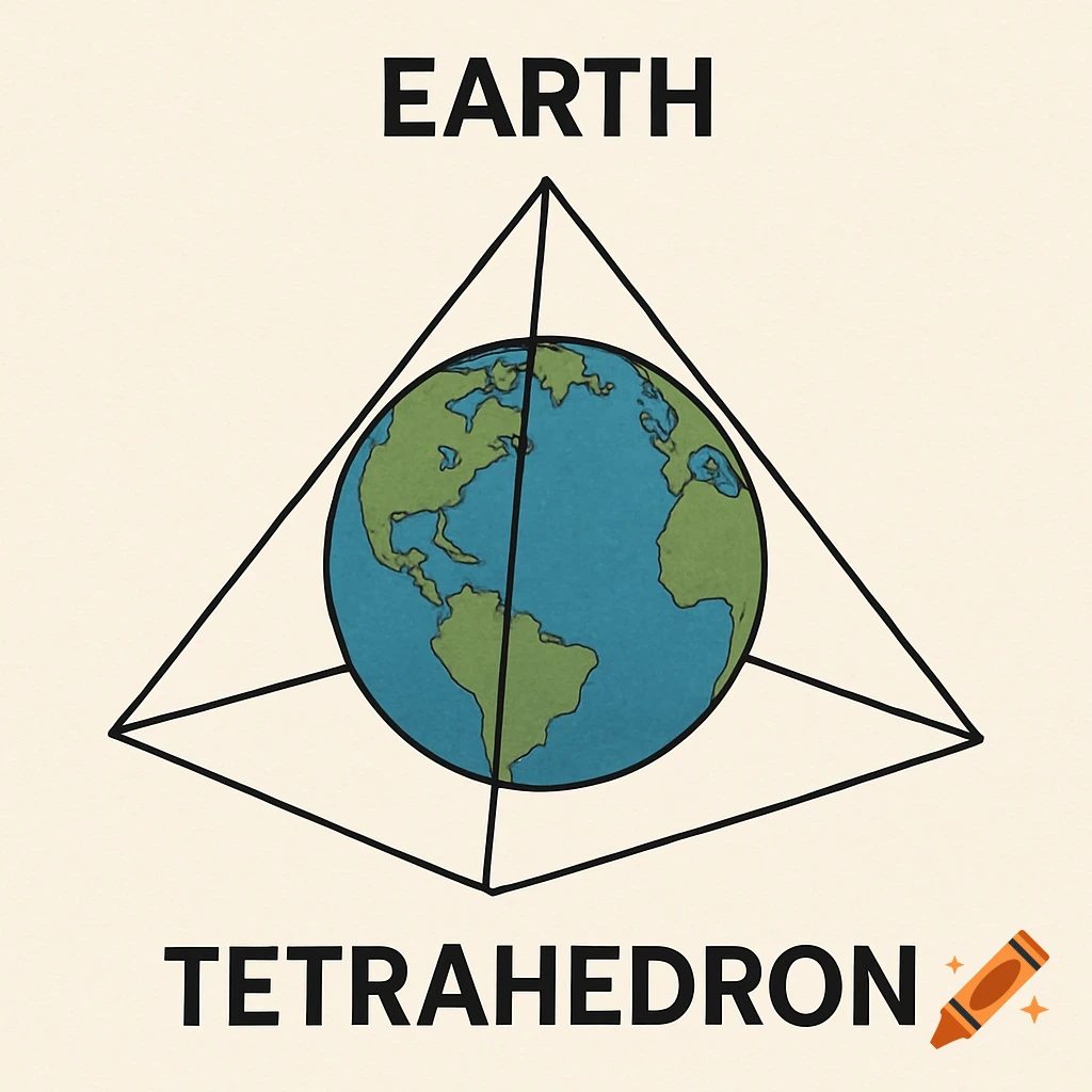 A diagram showing the Earth inside a tetrahedron, labeled EARTH and TETRAHEDRON.