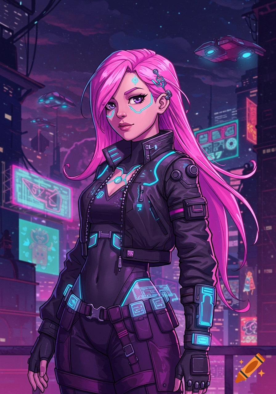 A female character with pink hair in a cyberpunk city at night, cartoon style.