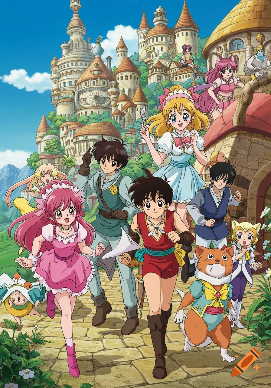 Anime characters running in front of a large fantasy castle on a hill.