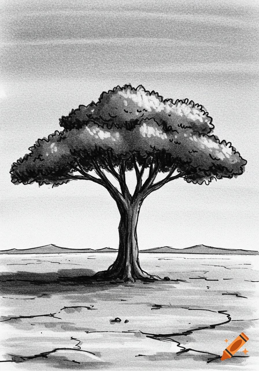 Sketch of a lone tree in a dry landscape with hills.
