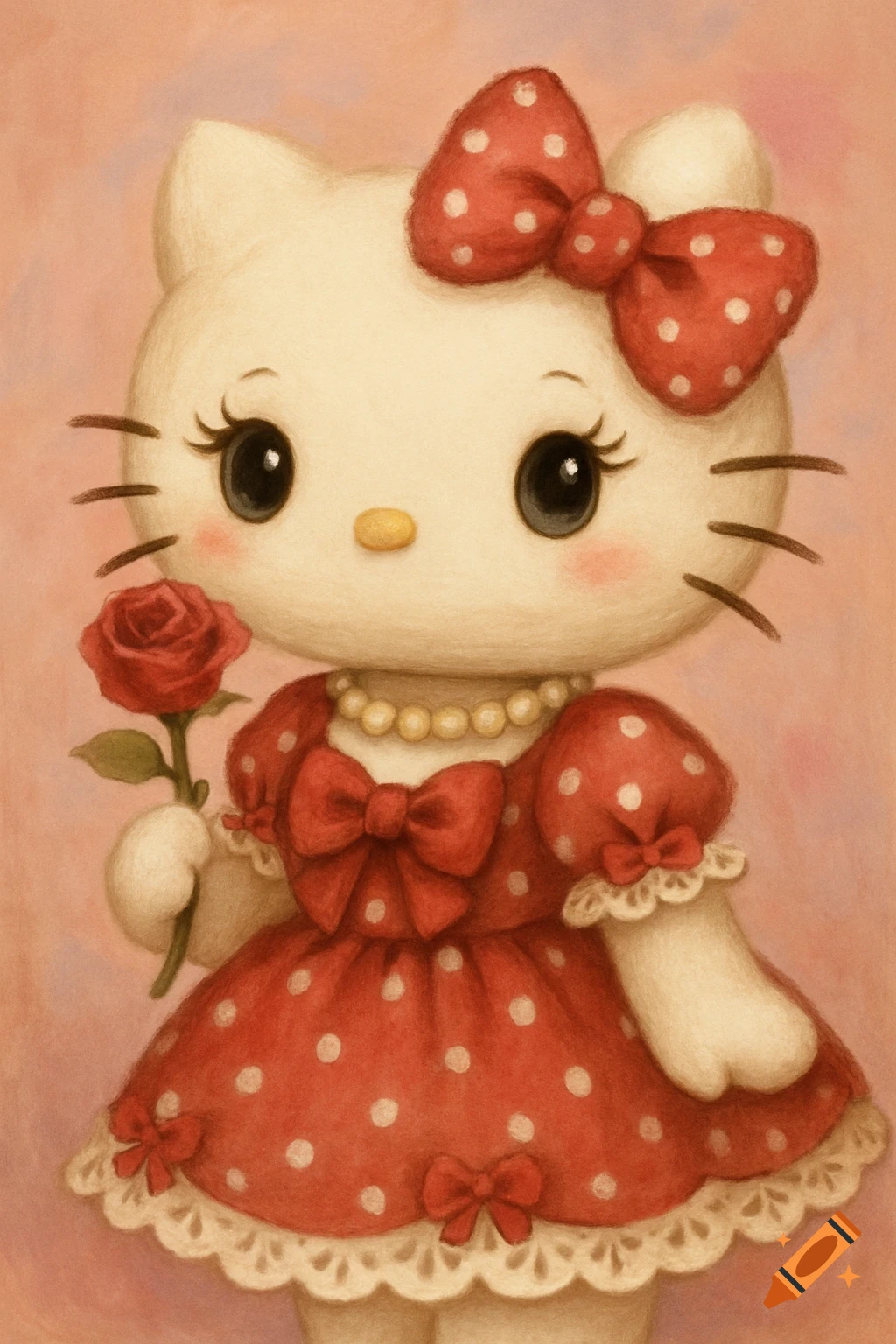 Hello Kitty in a red polka dot dress holding a rose.