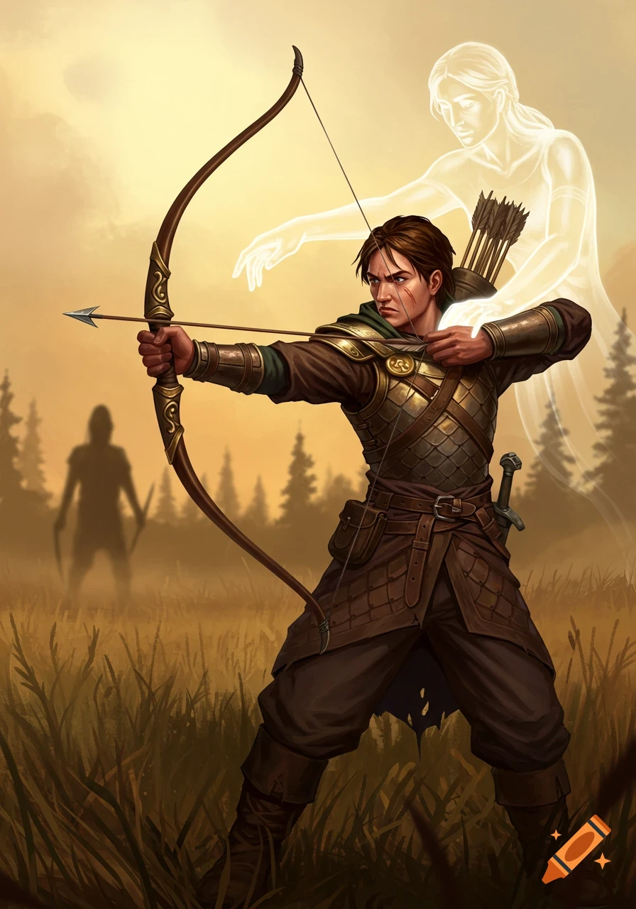 An archer aims a bow, with a spirit's hand on his shoulder. Another figure is silhouetted in the background.