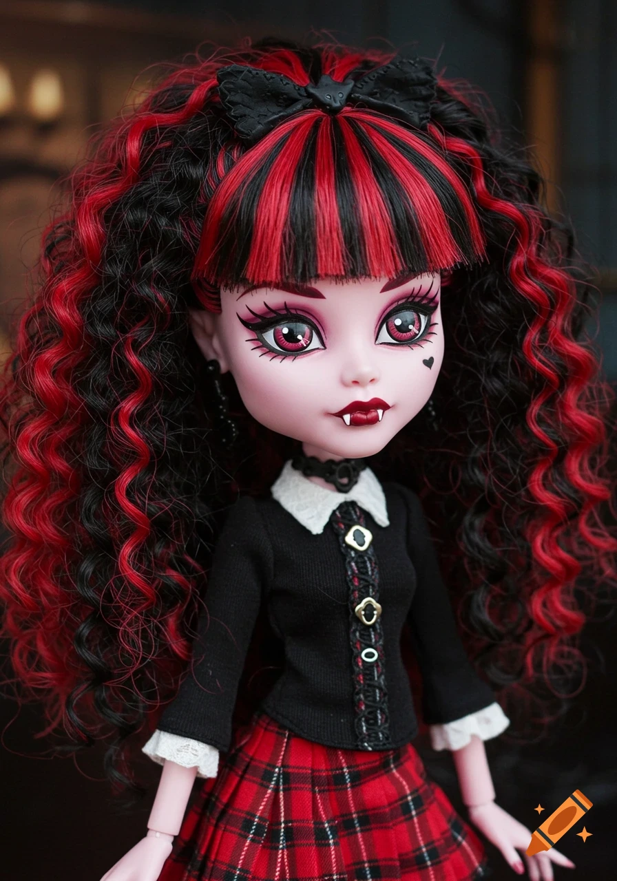 Closeup photo of a doll with black and red curly hair, fangs, and red eyes, wearing a black top and red plaid skirt.