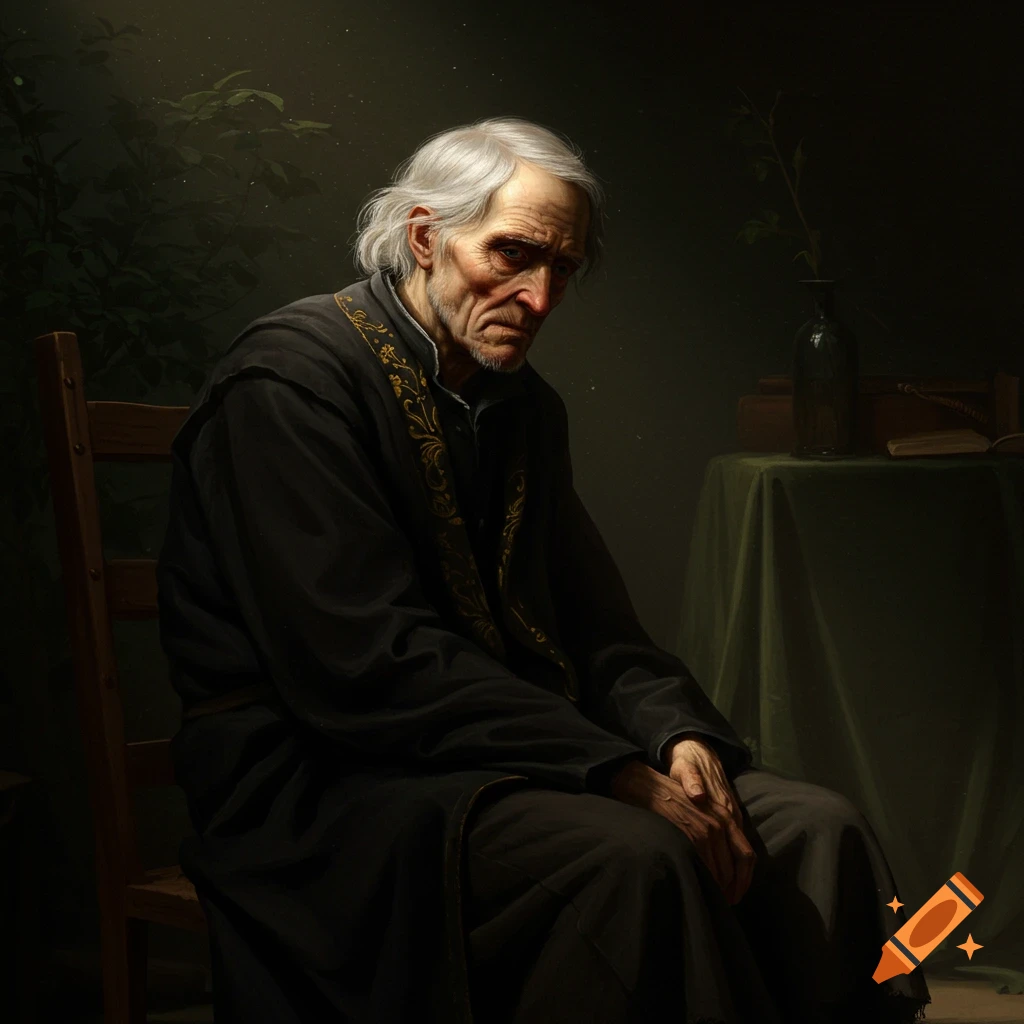 A portrait of a depressed elderly man in a dark Renaissance style