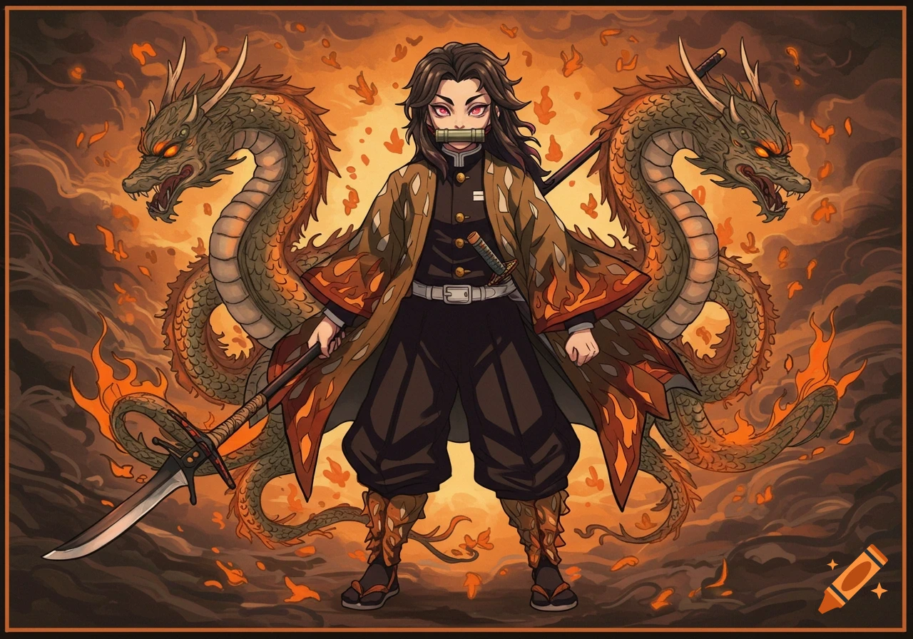Anime character with bamboo muzzle, spear, and fire-patterned haori flanked by dragons and fire.