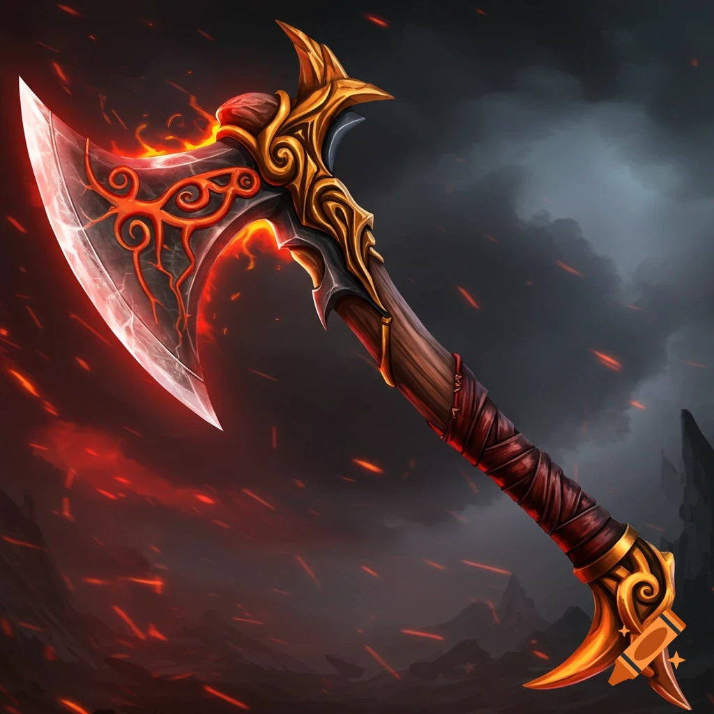 A fantasy axe or keyblade with glowing runes and sparks against a dark, stormy background.