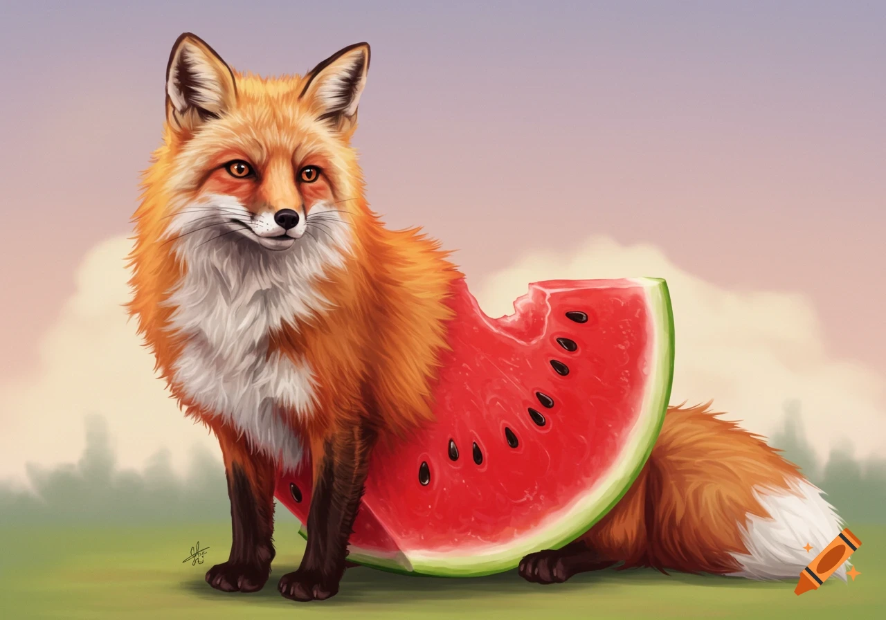 A fox with a watermelon body sits on grass against a sunset sky.