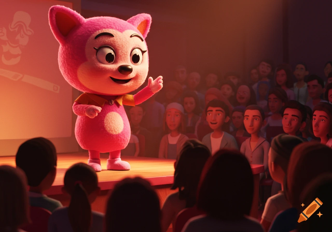 Pink cartoon character speaking on stage to an audience.