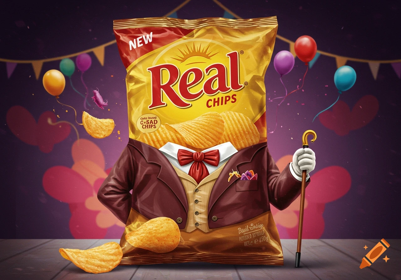 A bag of chips wearing a suit holds a cane, surrounded by balloons and confetti.