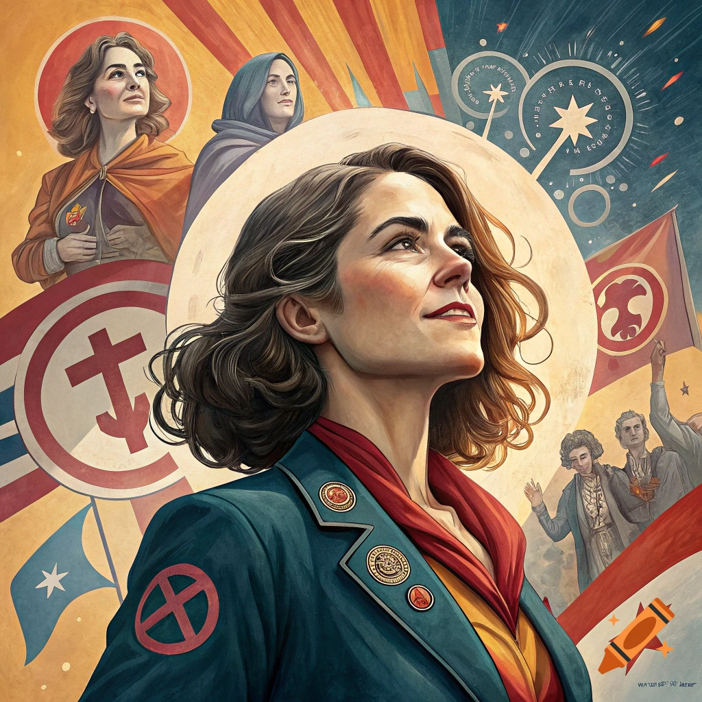 Stylized illustration in propaganda style of a woman in a suit looking up, surrounded by symbols, flags, and other figures.