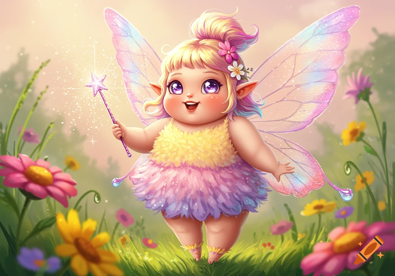 A whimsical chubby fairy holds a magic wand in a garden of colorful wildflowers.