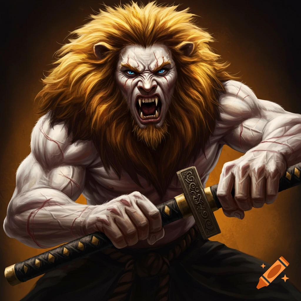 A muscular lion-headed warrior creature roars and holds a katana.