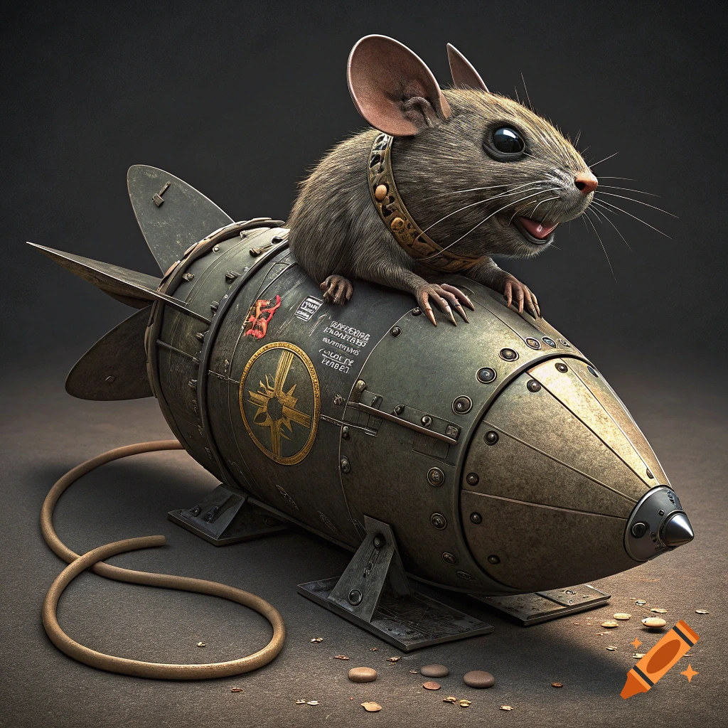 A realistic mouse sits on a V2 rocket with a fuse. Photorealistic style.