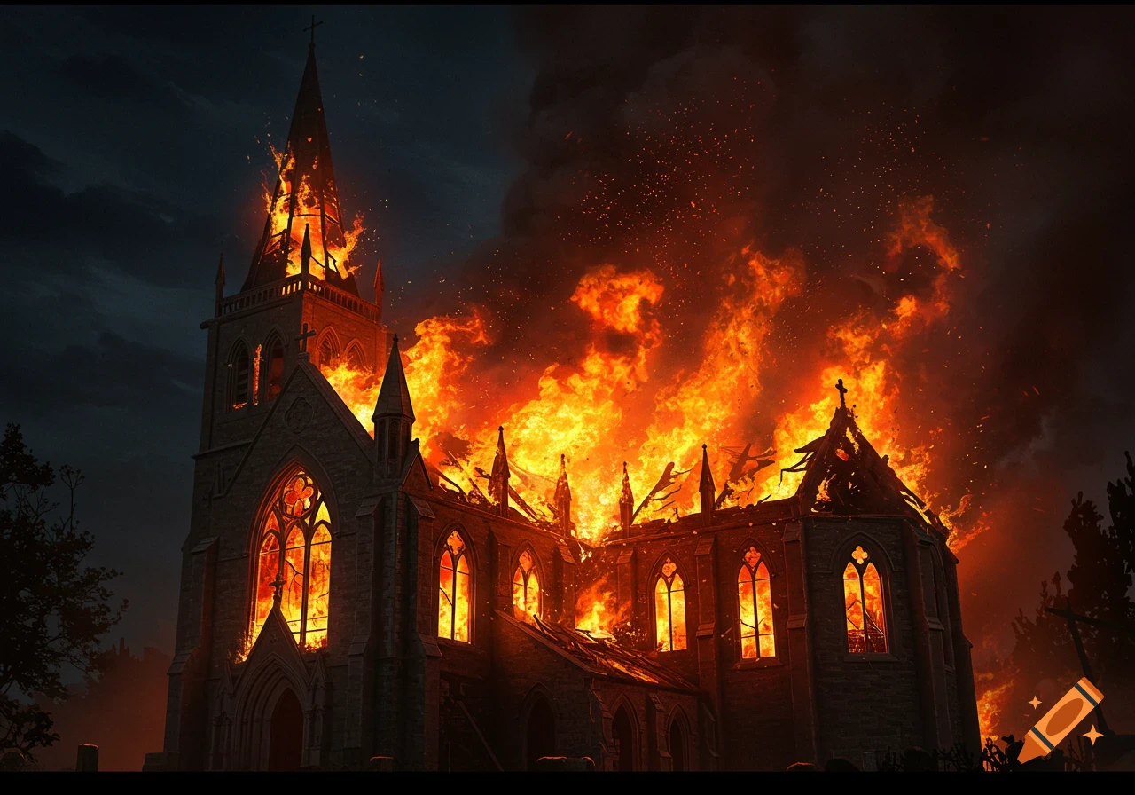 A large stone church is engulfed in bright orange flames and smoke against a dark, cloudy night sky.