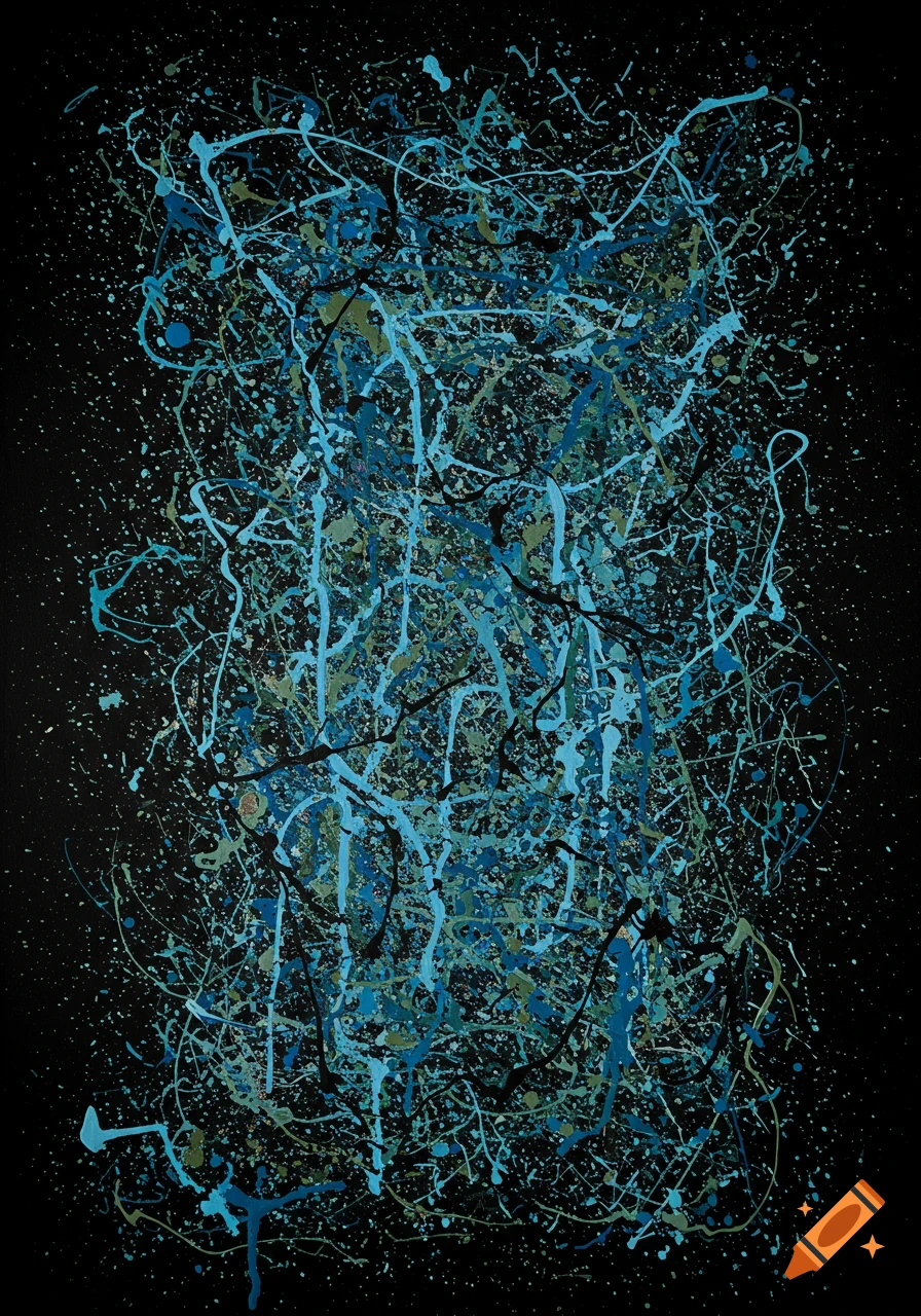 Abstract drip painting in blue and green on black background, Jackson Pollock style.