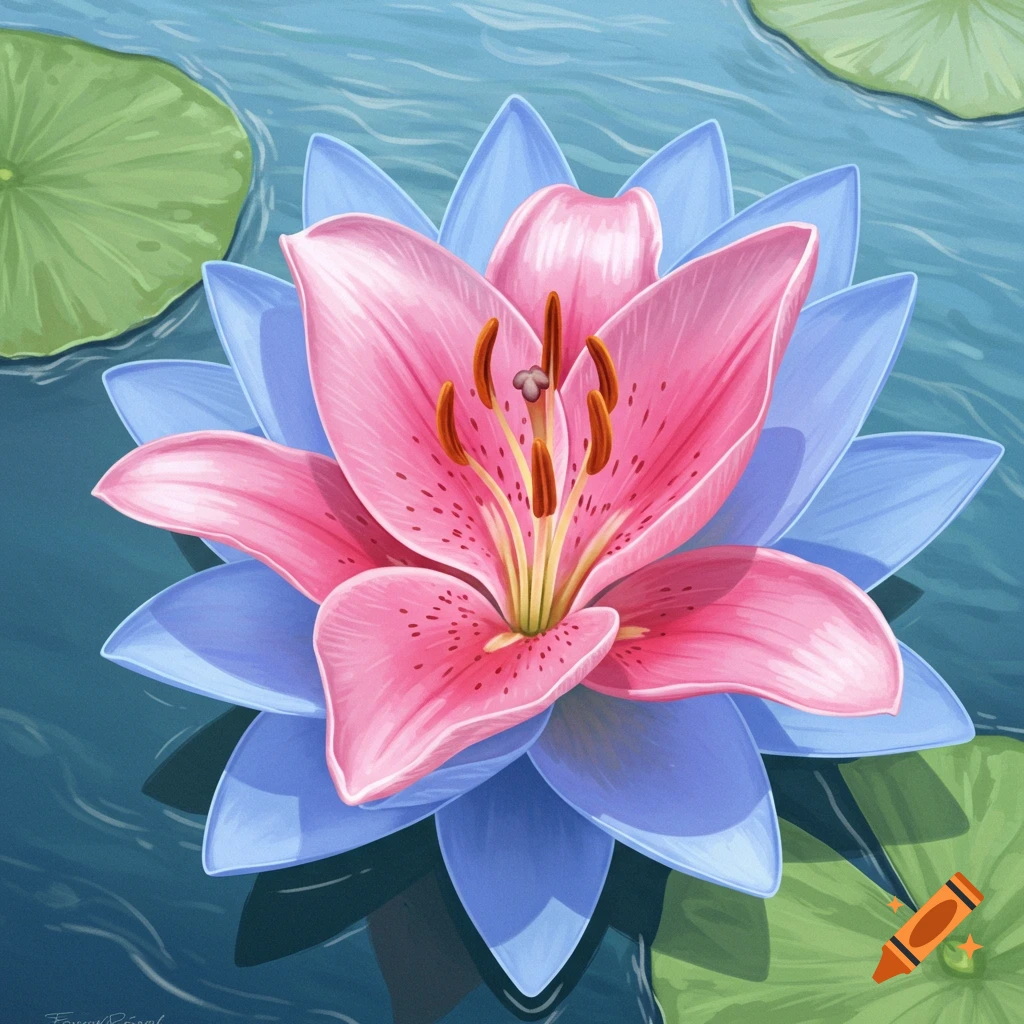 A pink and blue flower floats on water surrounded by green lily pads.