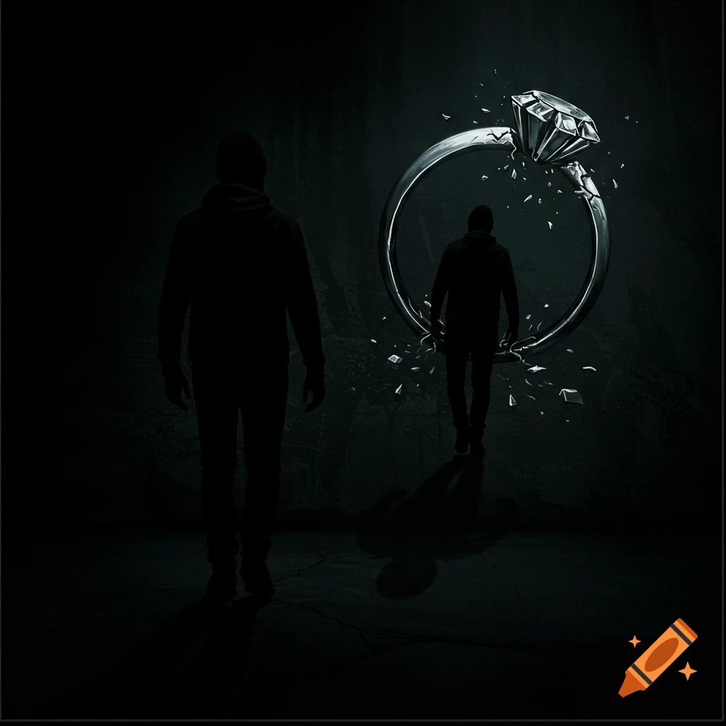 A dark scene of a person walking away from a shattered diamond ring towards another silhouetted figure.