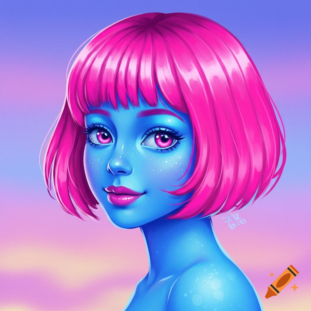Blue-skinned anime girl with short pink hair against a gradient sky.