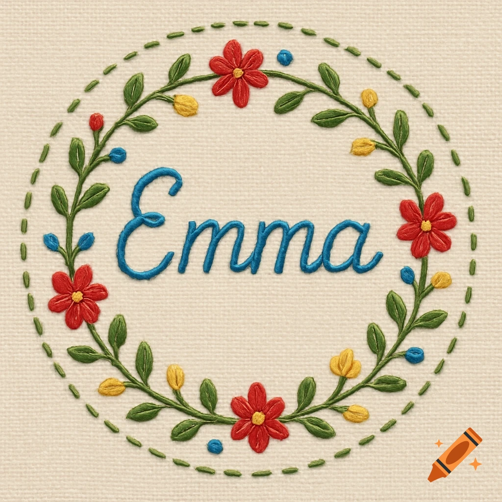 Embroidered name 'Emma' in a circular floral wreath on fabric.