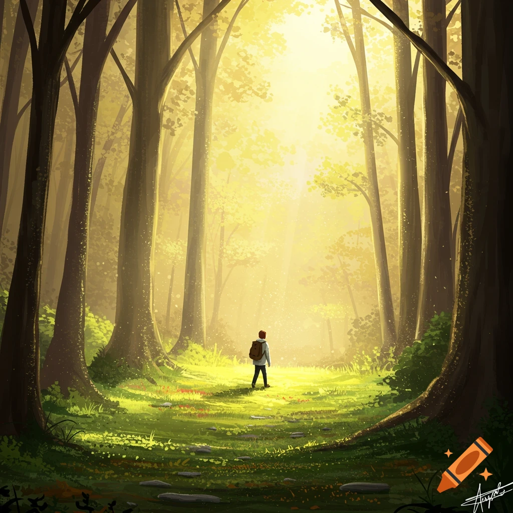 A person walks through a brightly lit forest clearing.