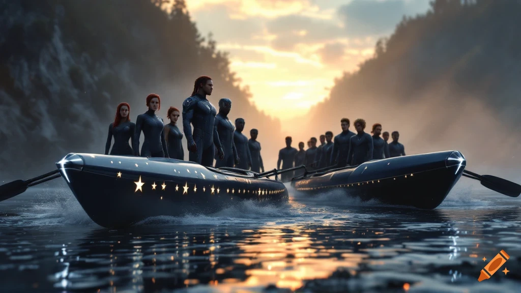 Futuristic crews in boats with stars on a misty river at dawn.