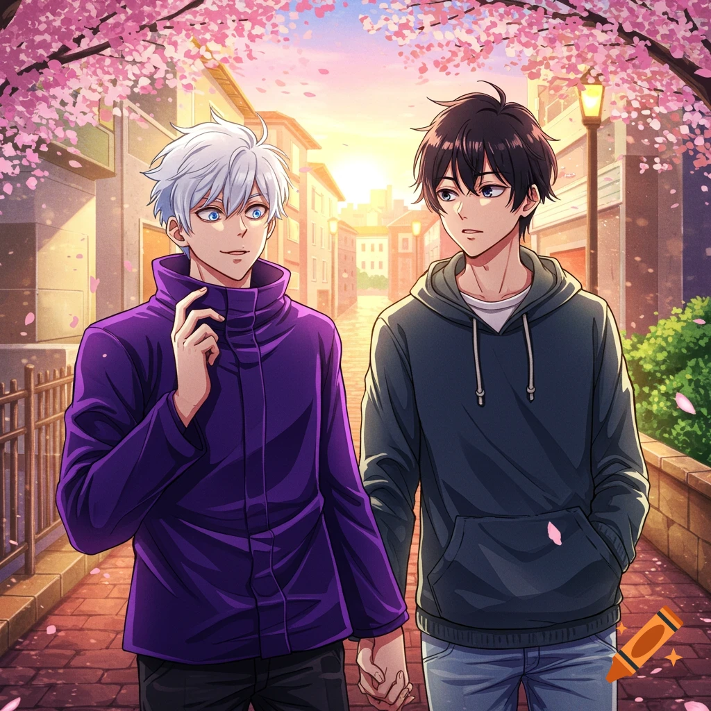 Two anime men hold hands while walking under cherry blossom trees
