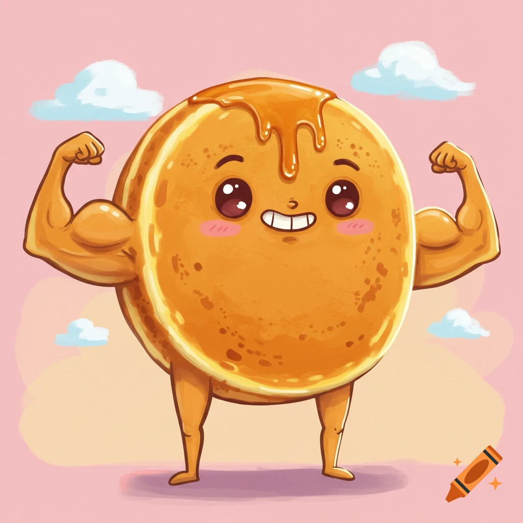 A cartoon pancake with arms and legs flexing its biceps, with syrup on top.