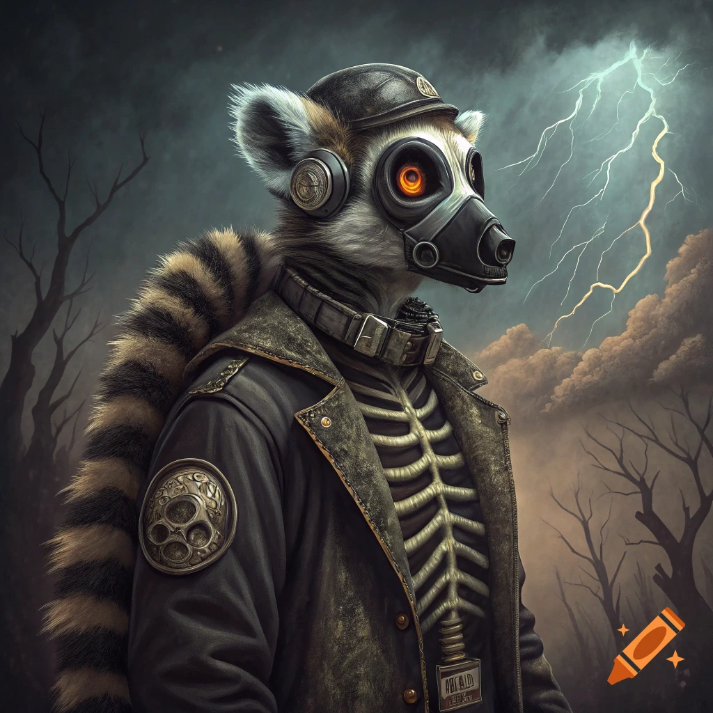 A lemur character in steampunk gear, gas mask, and skeletal chest piece stands in a stormy landscape with lightning.