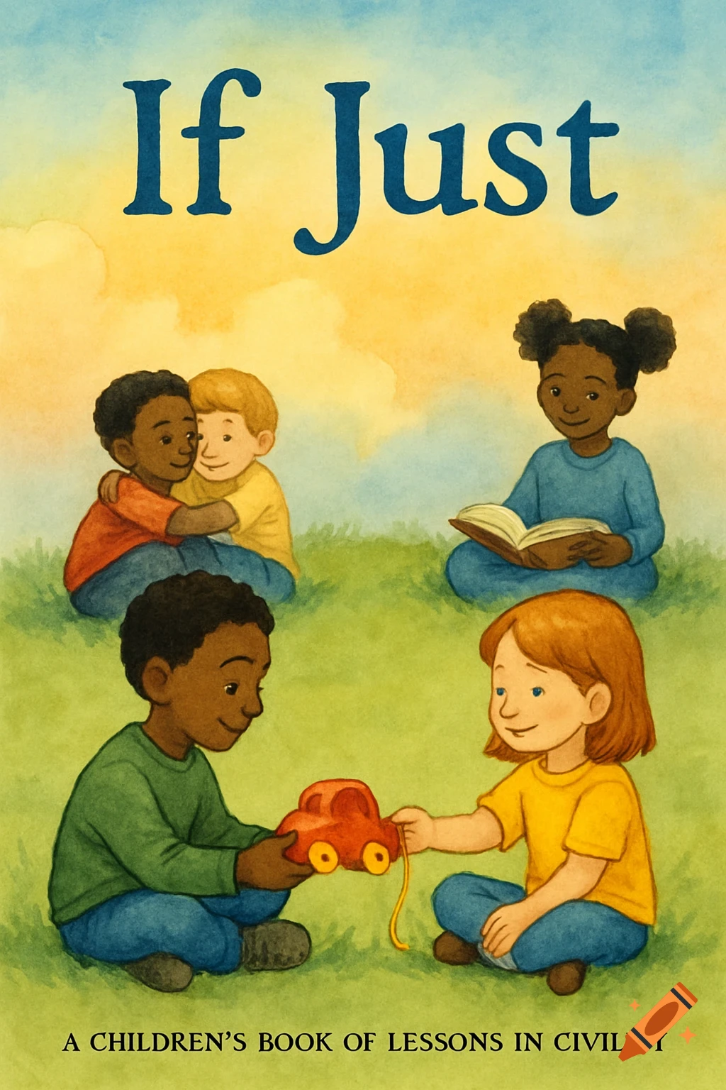 Watercolor illustration of four children sitting on grass, reading, hugging, and sharing a toy car. Text reads 'If Just' and 'A children's book of lessons in civility'.