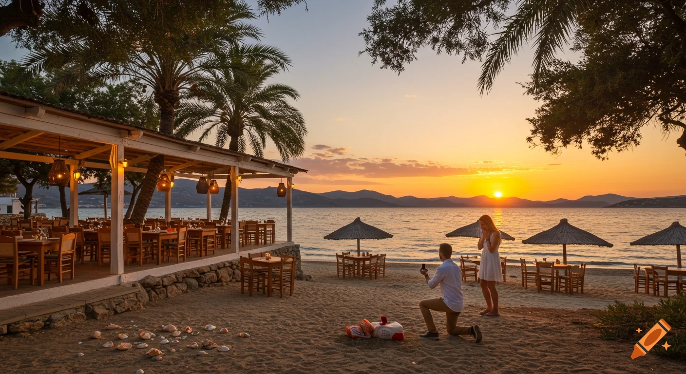A man proposes to a woman on a beach at sunset, with a beach restaurant and palm trees behind them.