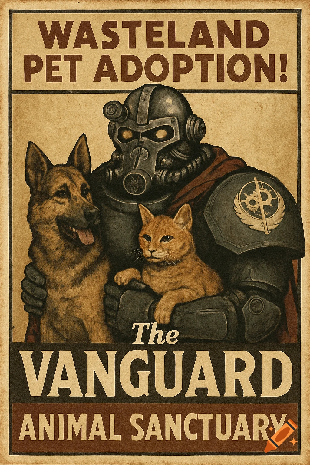 Vintage-style poster of a power-armored figure holding a dog and cat, promoting Wasteland Pet Adoption.