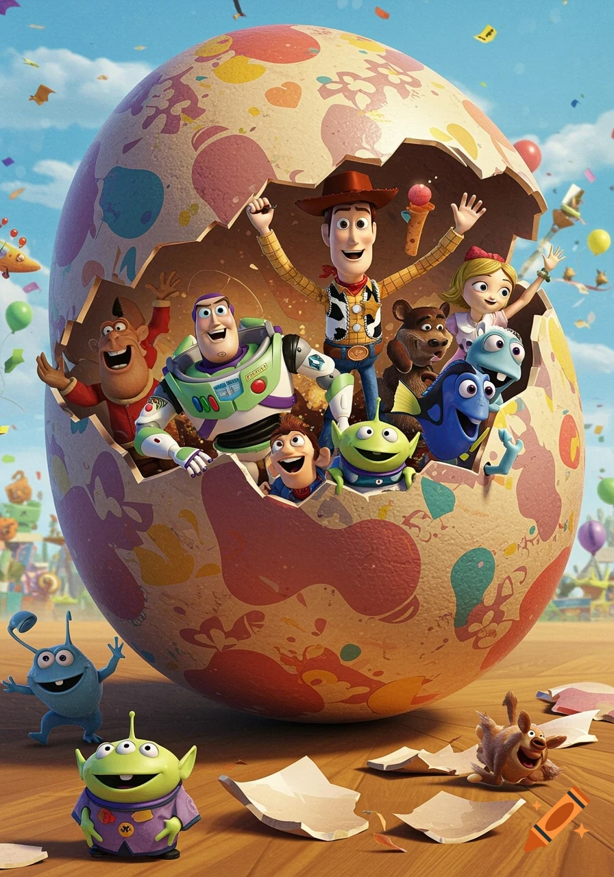 Disney Pixar characters including Woody, Buzz Lightyear, Dory, and aliens burst excitedly from a giant decorated Easter egg.