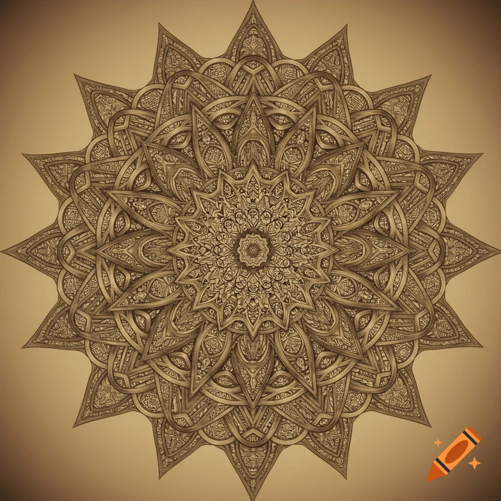 Sepia illustration of a detailed mandala pattern.